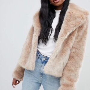 Bershka Faux Fur Jacket in Beige/taupe